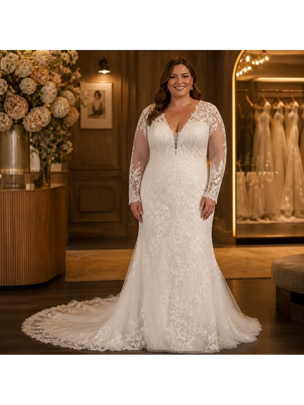 NWT Wedding Dress White Lace Trumpet Long Sleeve Soft Mermaid Sz 22 True to Size